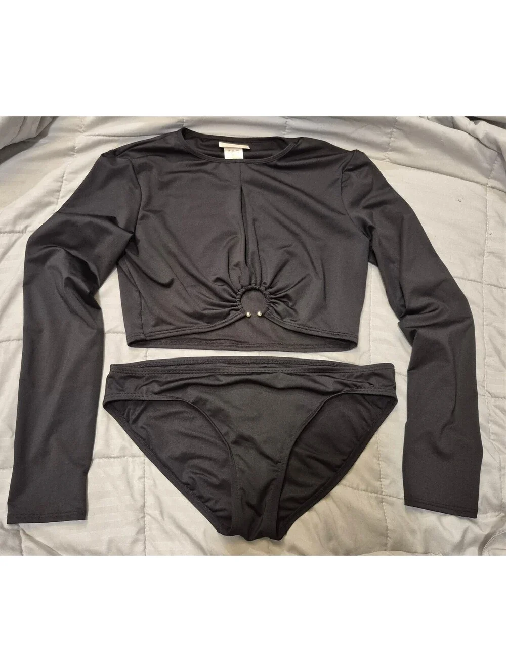 Michael Kors Black Long Sleeve O-Ring Cutout Bikini Set